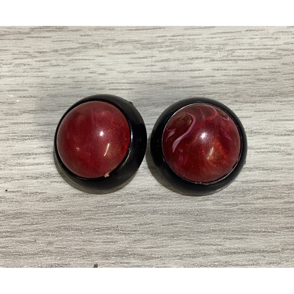 Black Clip On‎ Earrings w/ Red Stones Round Vintage A22